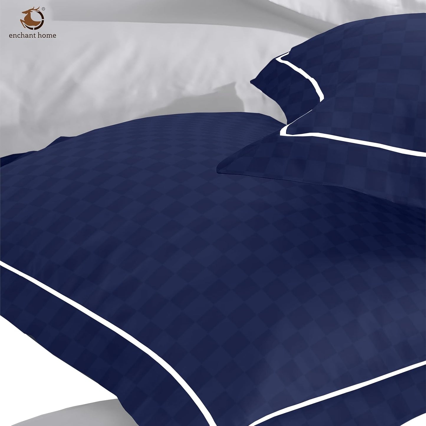 Pure Cotton 300 TC Checkered Pillow Cover Set - Navy Blue