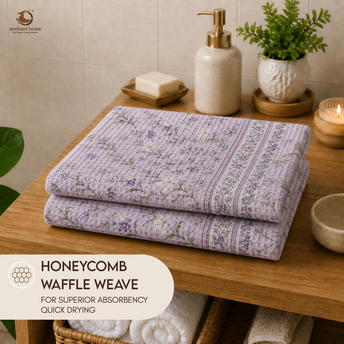 Pure Cotton Printed Waffle Bath Towel - Lilac Bloom
