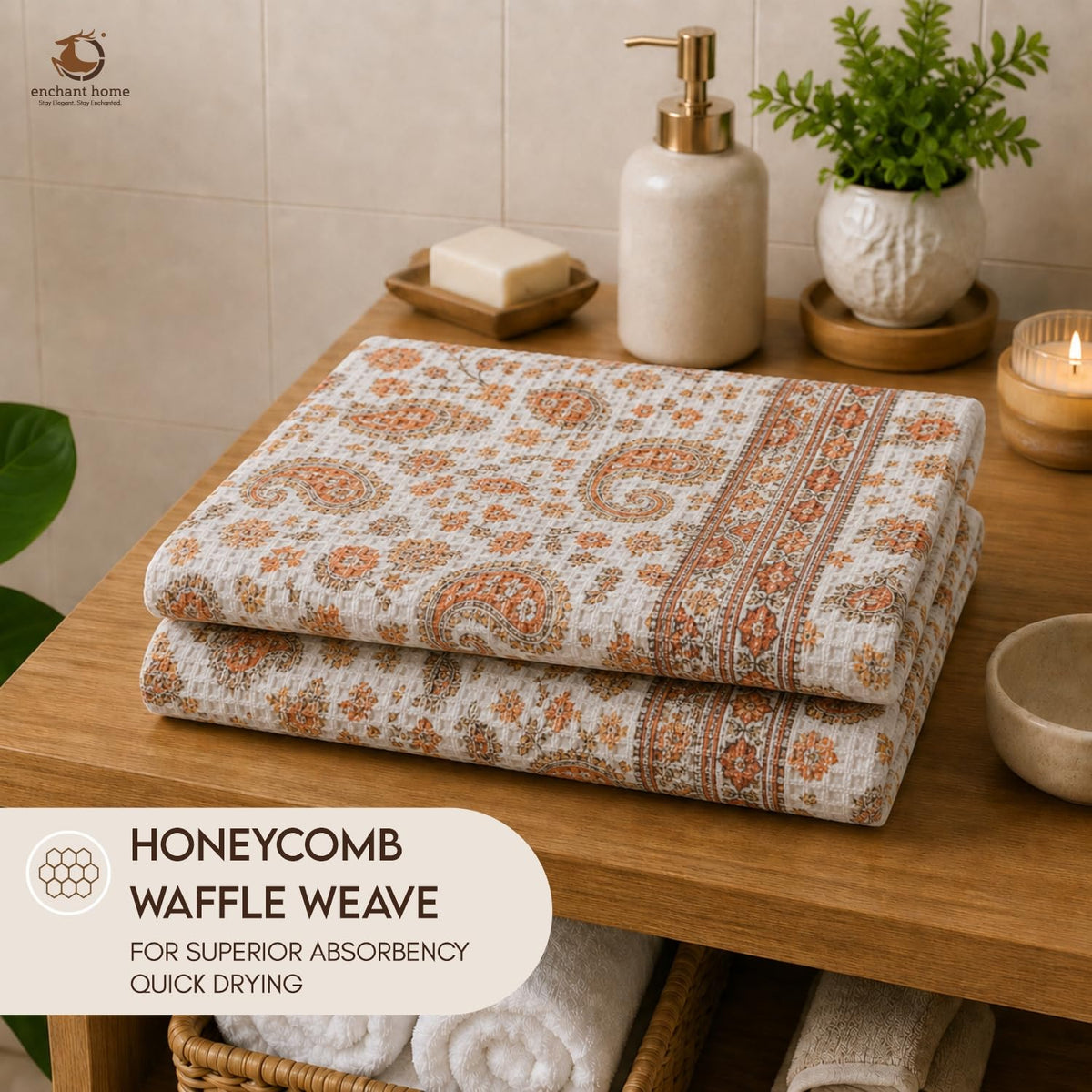 Pure Cotton Printed Waffle Bath Towel - Paisley Charm