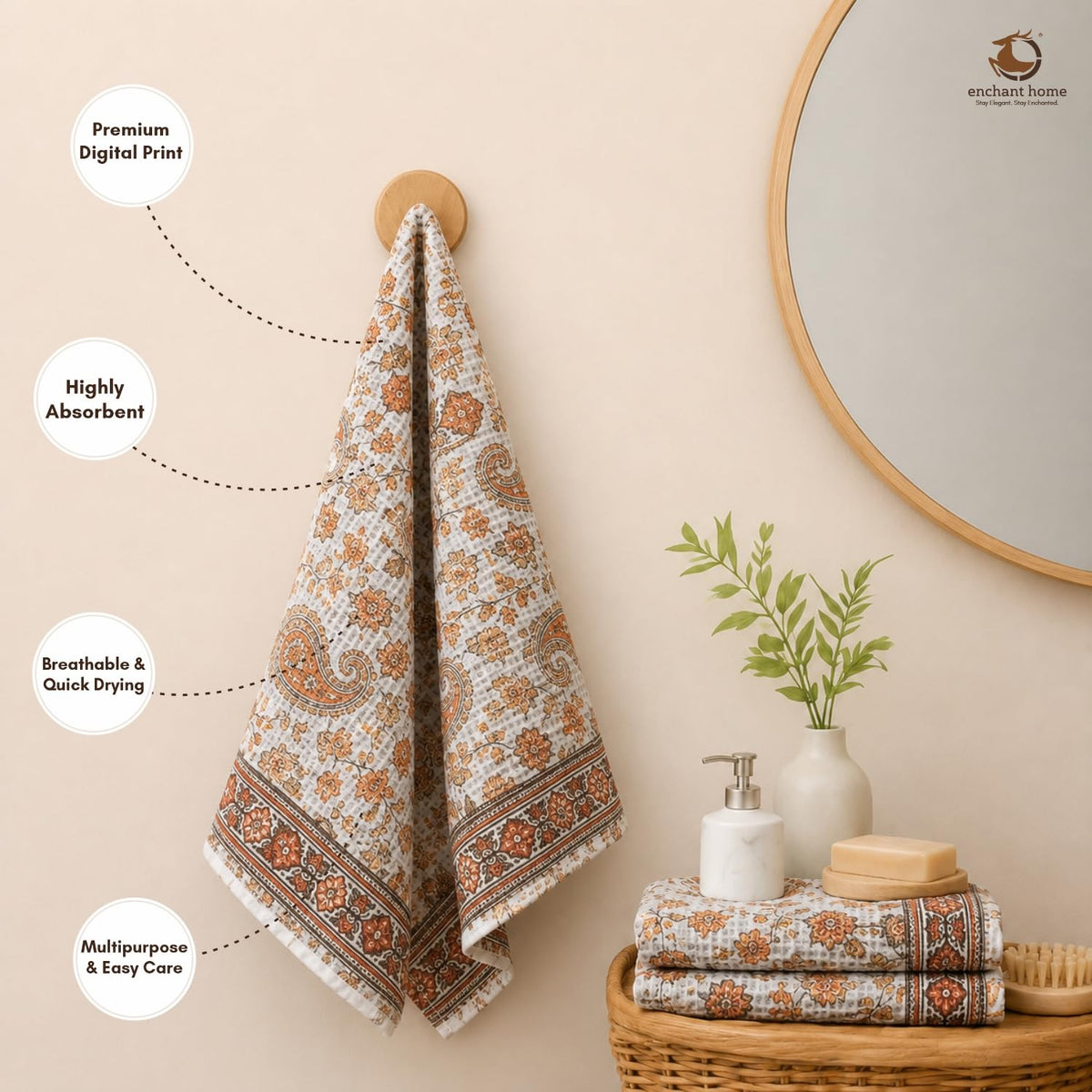 Pure Cotton Printed Waffle Hand Towel - Paisley Charm