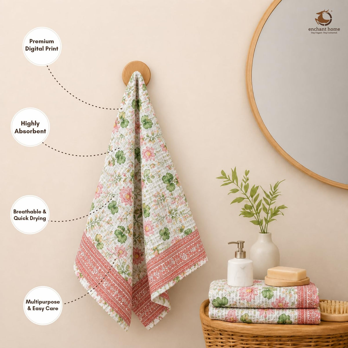 Pure Cotton Printed Waffle Hand Towel - Lotus Serene