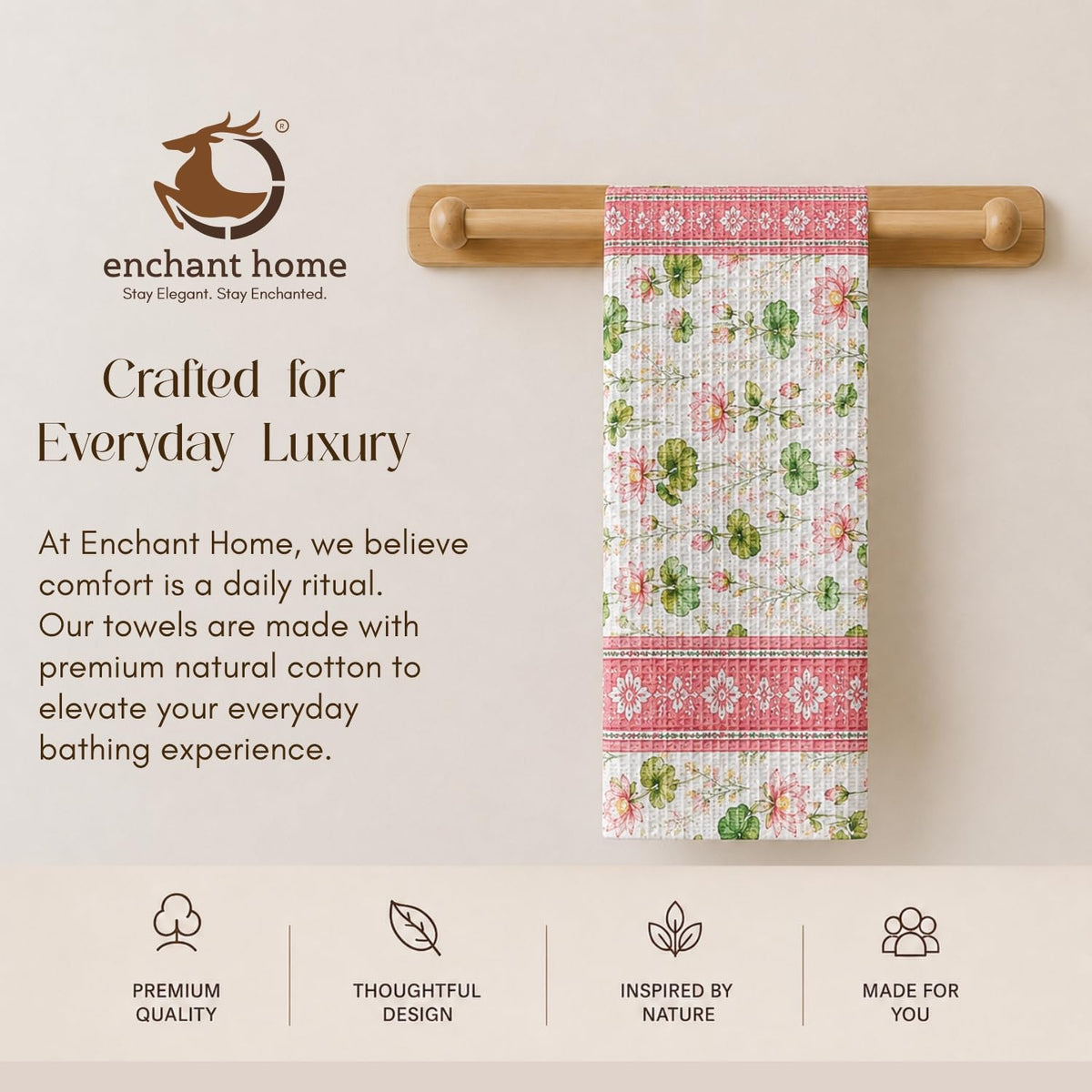 Pure Cotton Printed Waffle Hand Towel - Lotus Serene