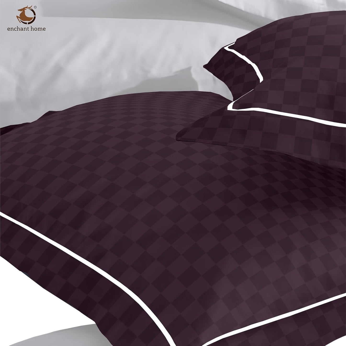 Pure Cotton 300 TC Checkered Pillow Cover Set - Wine