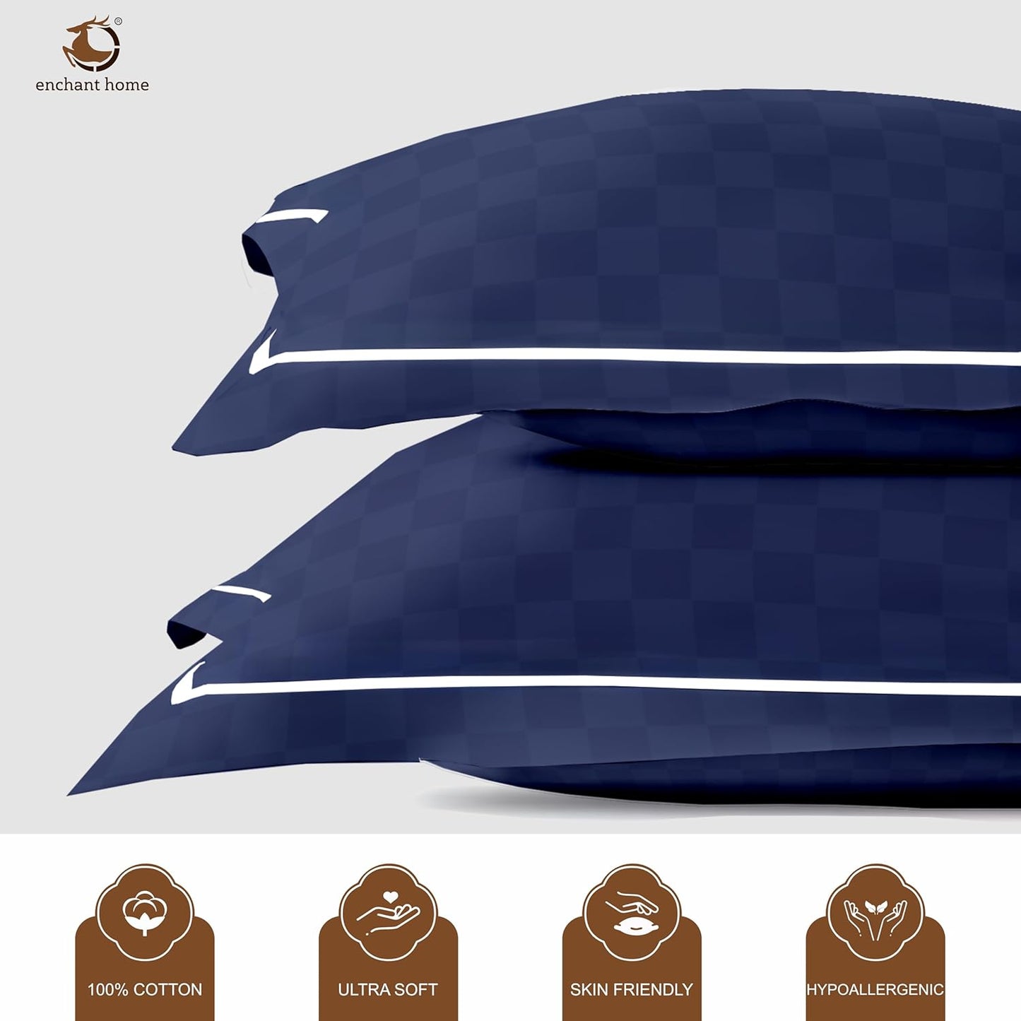 Pure Cotton 300 TC Checkered Pillow Cover Set - Navy Blue