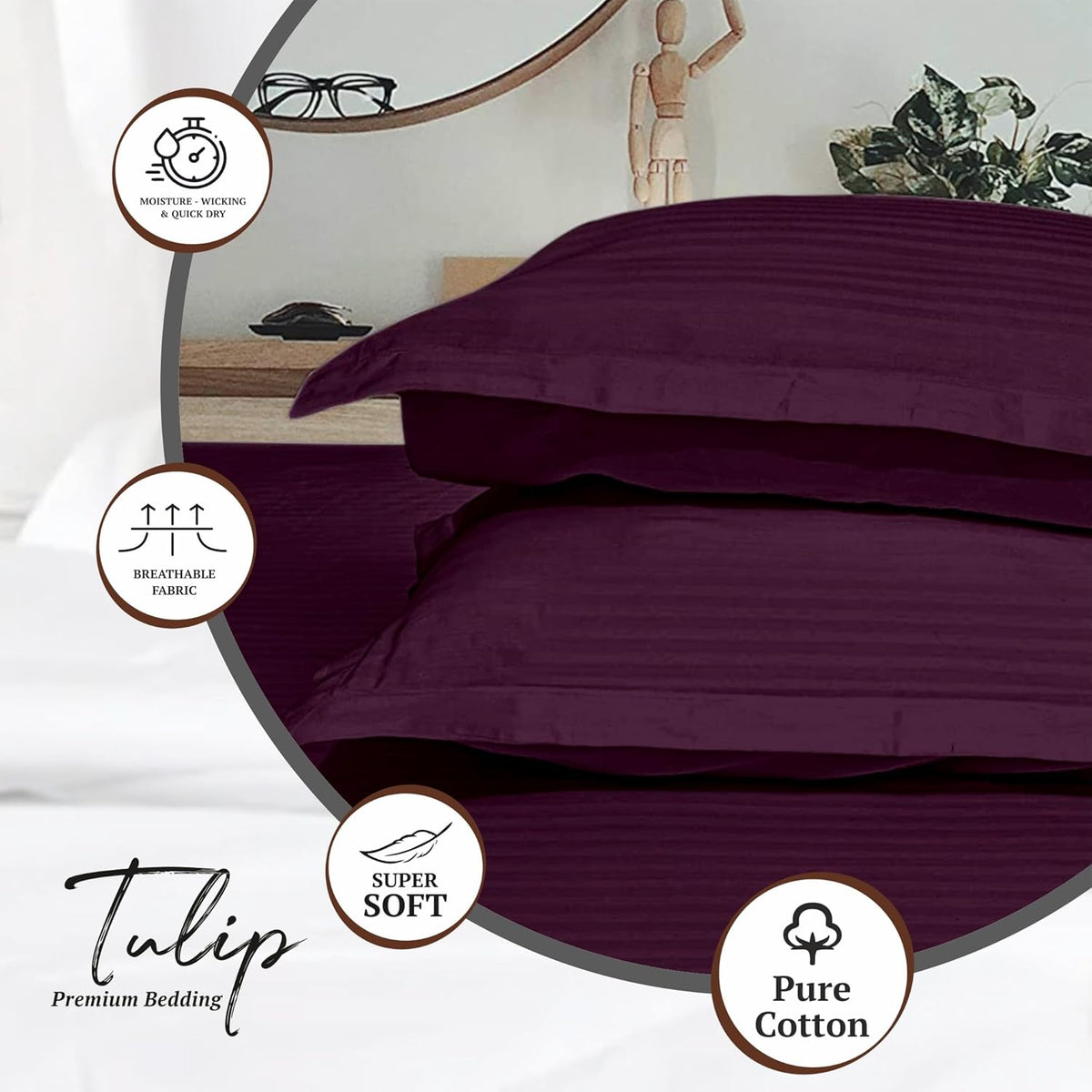 Pure Cotton Pillow Covers with Satin Stripe - Wine