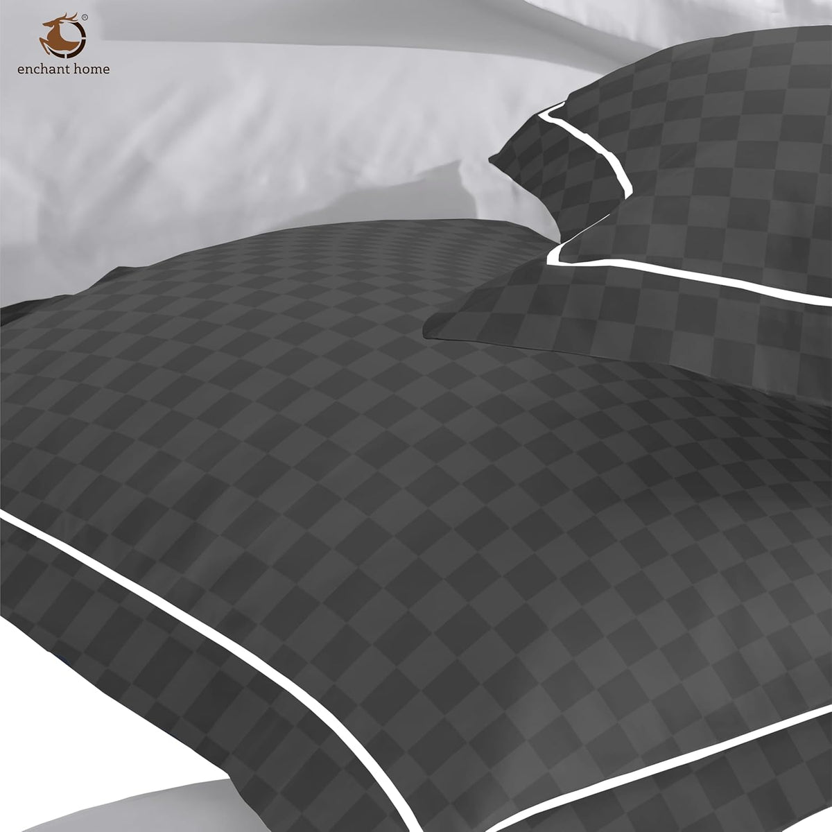 Pure Cotton 300 TC Checkered Pillow Cover Set - Dark Grey