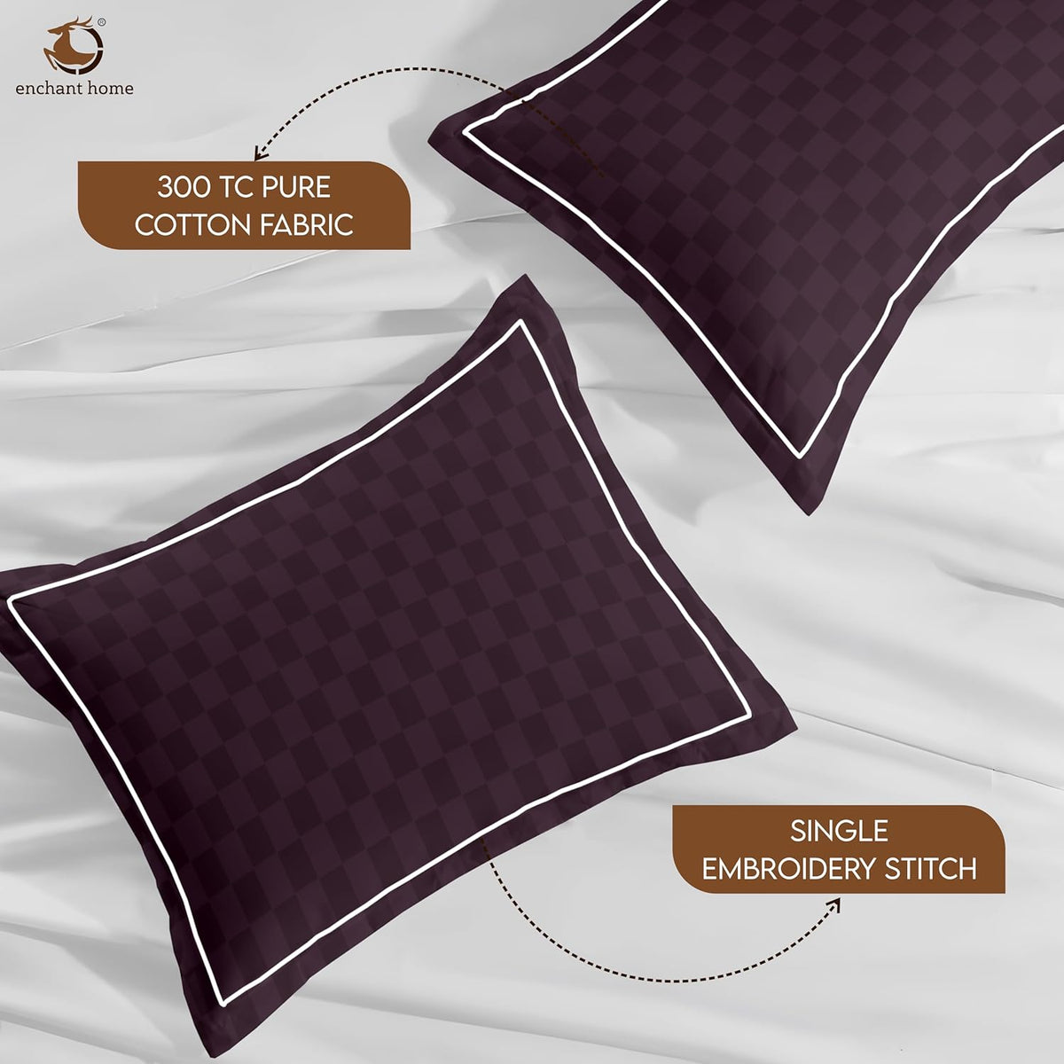 Pure Cotton 300 TC Checkered Pillow Cover Set - Wine