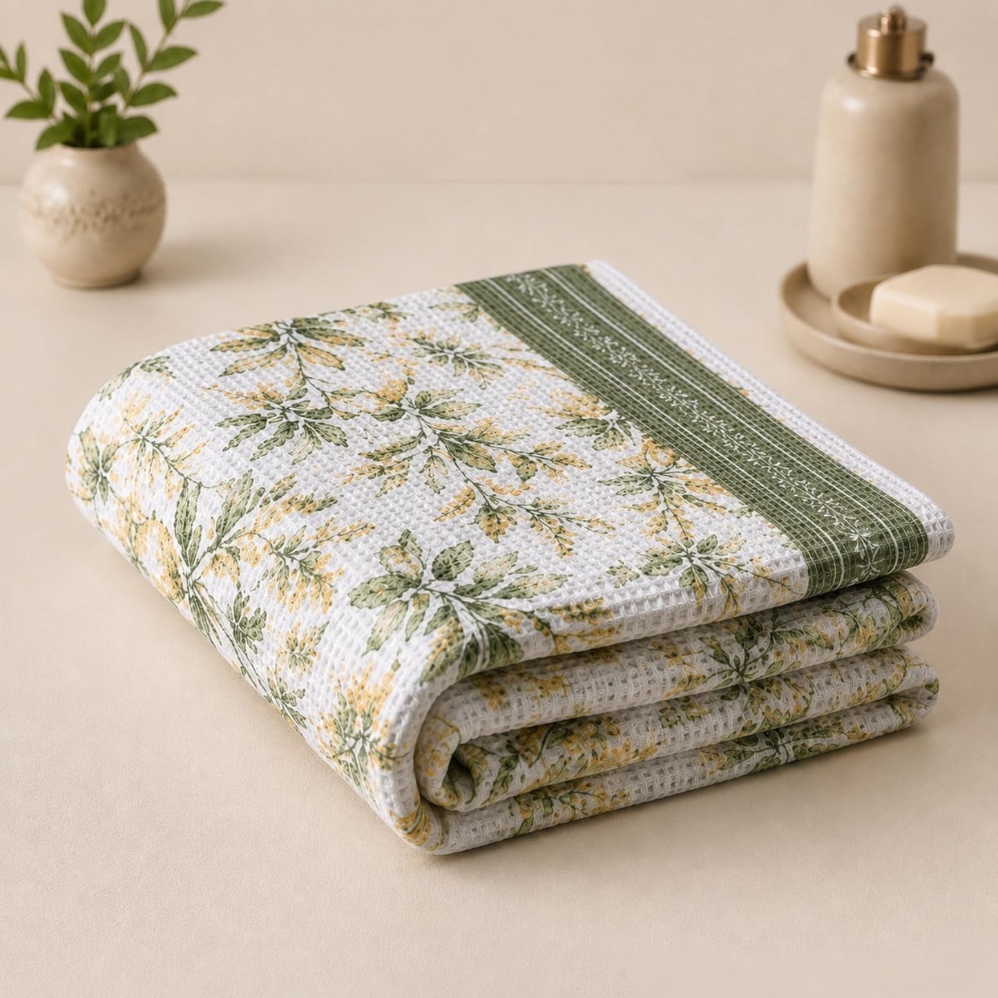 Pure cotton printed waffle bath towel in sage botanical print