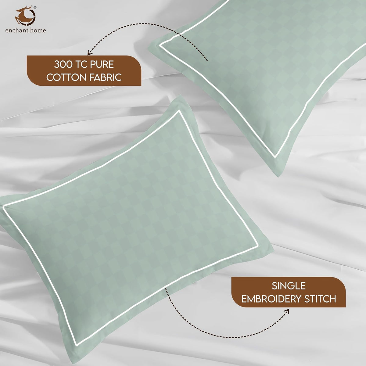 Pure Cotton 300 TC Checkered Pillow Cover Set - Olive