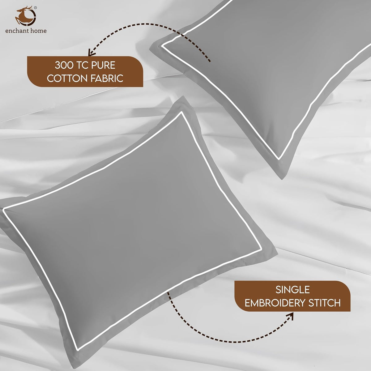 Pure Cotton 300 TC Solid Pillow Cover Set - Silver