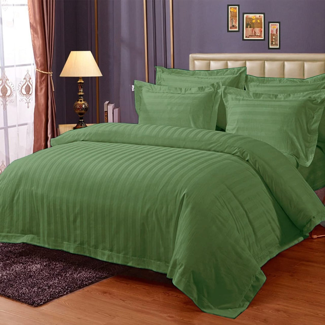 Pure Cotton Satin Stripe King Bedsheet - Olive Green