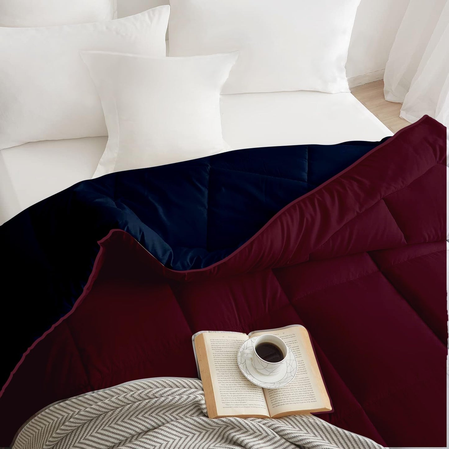 Maroon and navy blue AC comforter fabric close-up