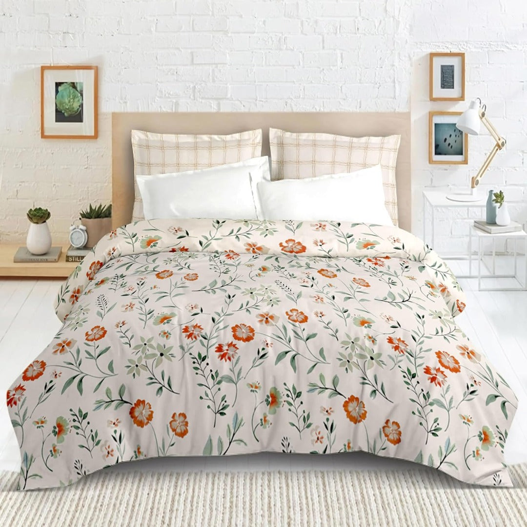 Blossom Glace Cotton Printed Double Bedsheet - Cream