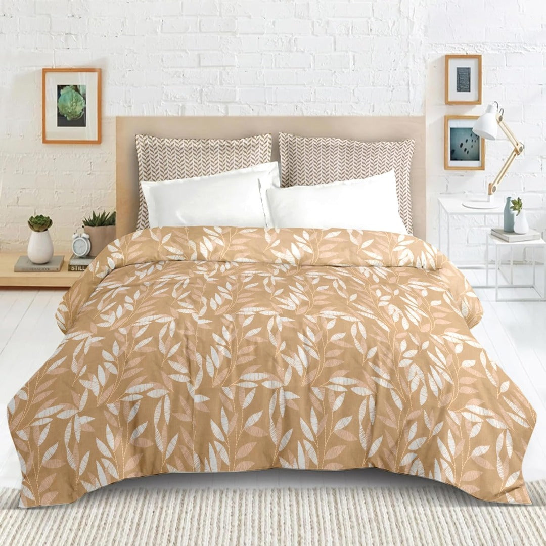 Blossom glace cotton printed double bedsheet in khaki leaf print