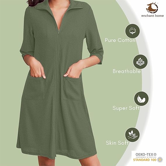 Sage green waffle knit zipper bathrobe folded view