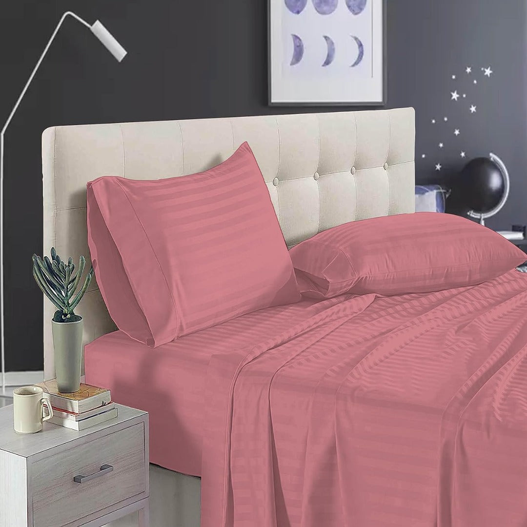 Pure Cotton Satin Stripe King Bedsheet - Rose Pink