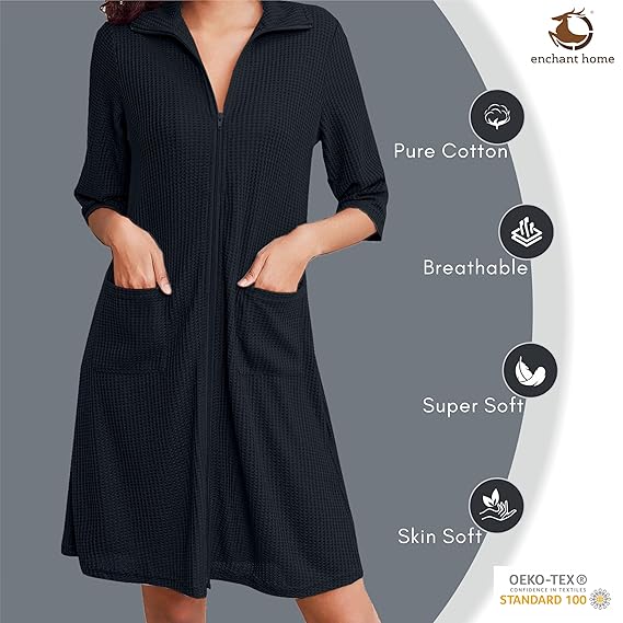 Charcoal waffle knit zipper bathrobe pocket detail