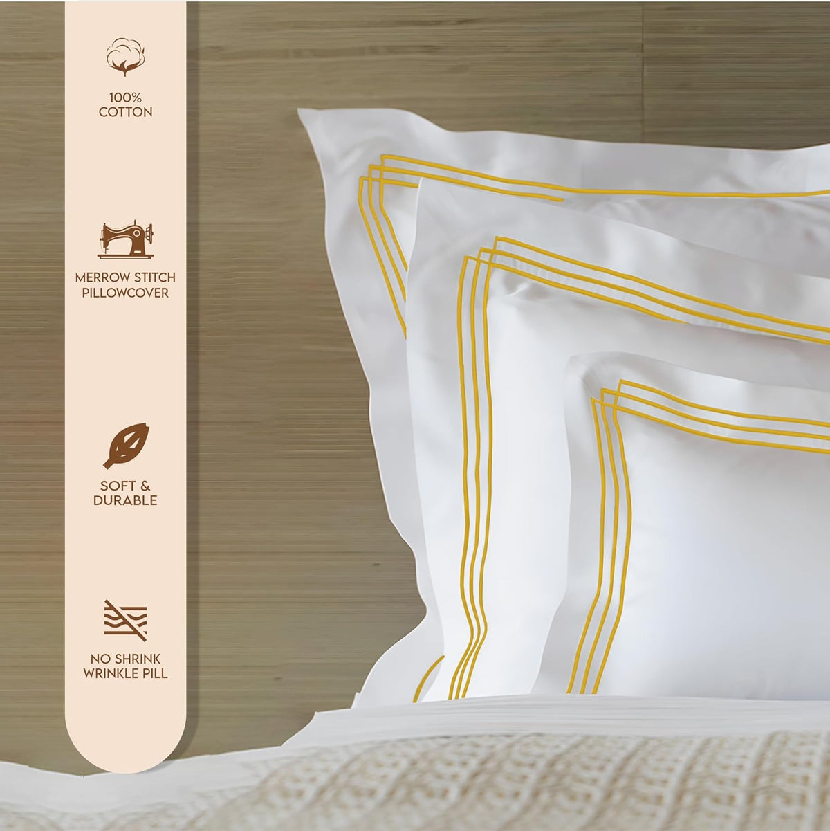 Pure Cotton 500 TC Premium Pillow Cover Set - White Triple Golden