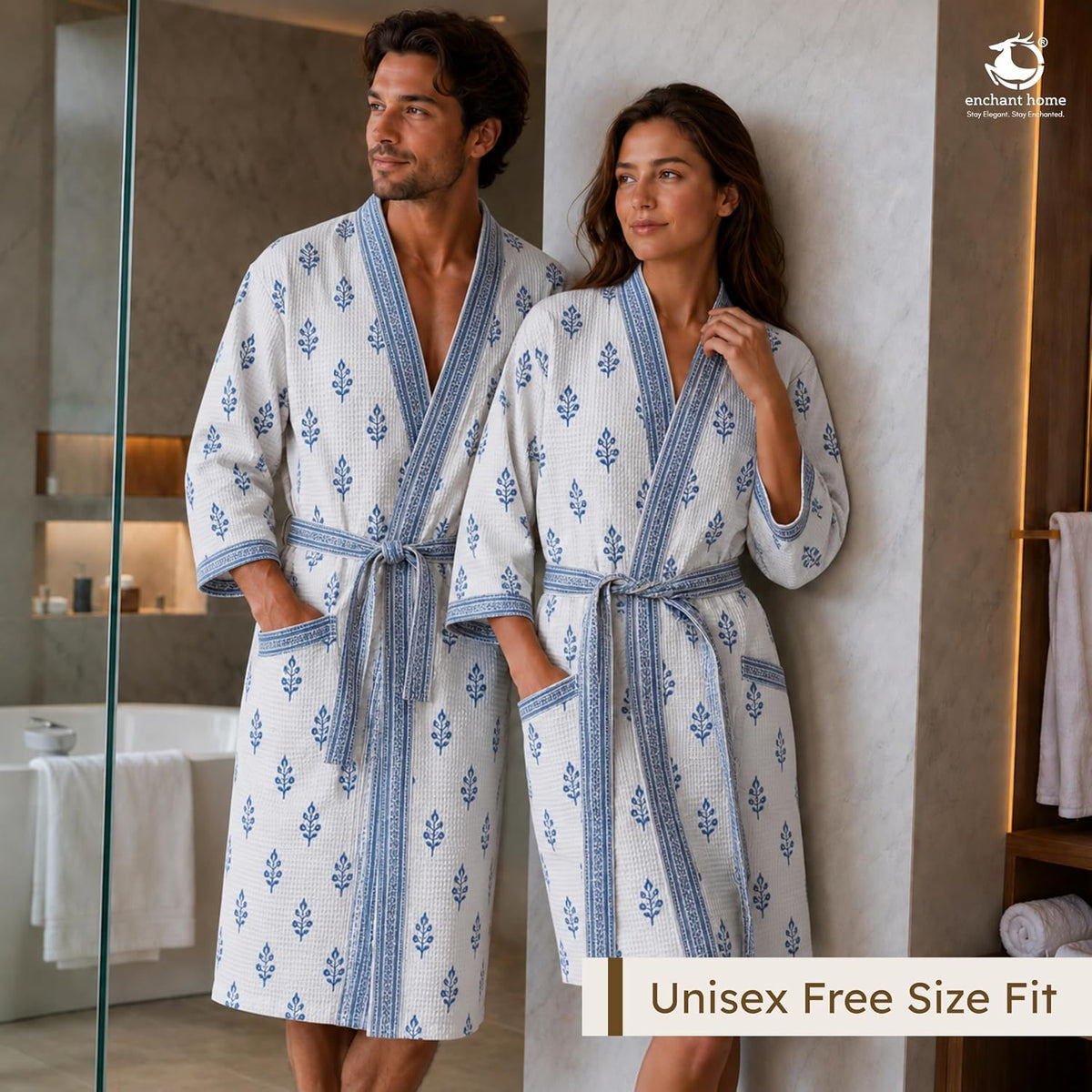 Premium Print Cotton Rich Waffle Robe for Men & Women - Indigo Buti