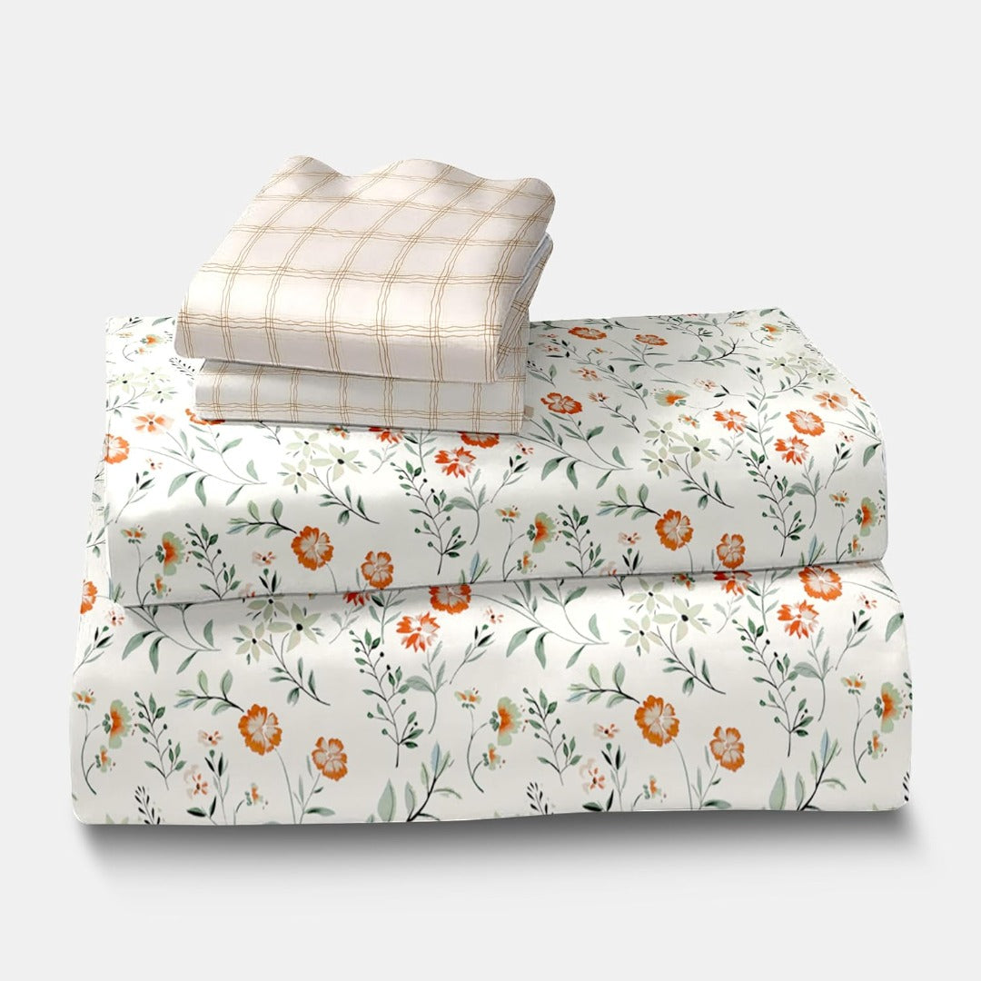 Cream blossom glace cotton bedsheet print close-up