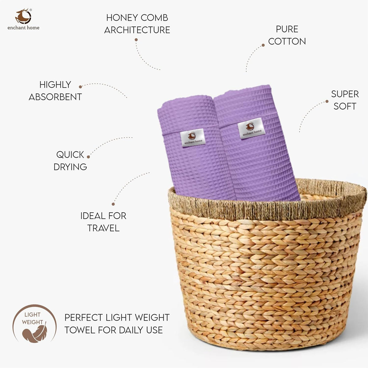 Pure Cotton Waffle Hand Towels - Lavender