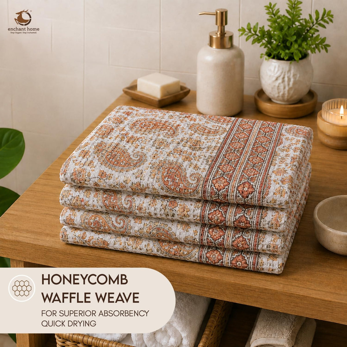 Pure Cotton Printed Waffle Hand Towel - Paisley Charm