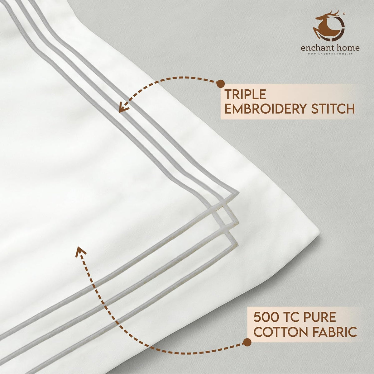 Pure Cotton 500 TC Premium Pillow Cover Set - White Triple Silver