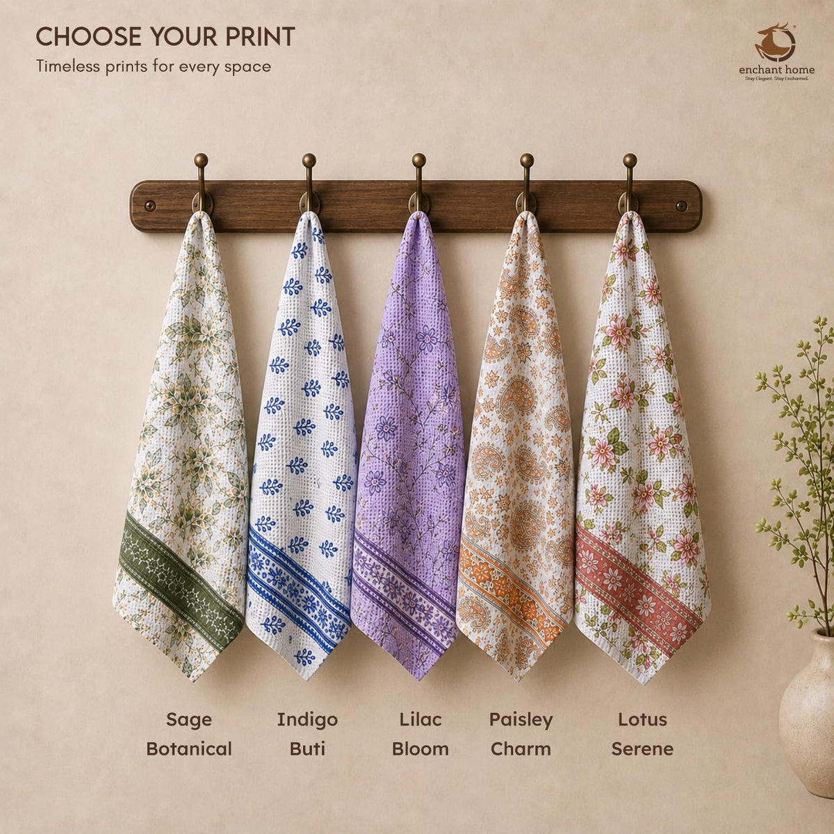 Pure Cotton Printed Waffle Hand Towel - Sage Botanical