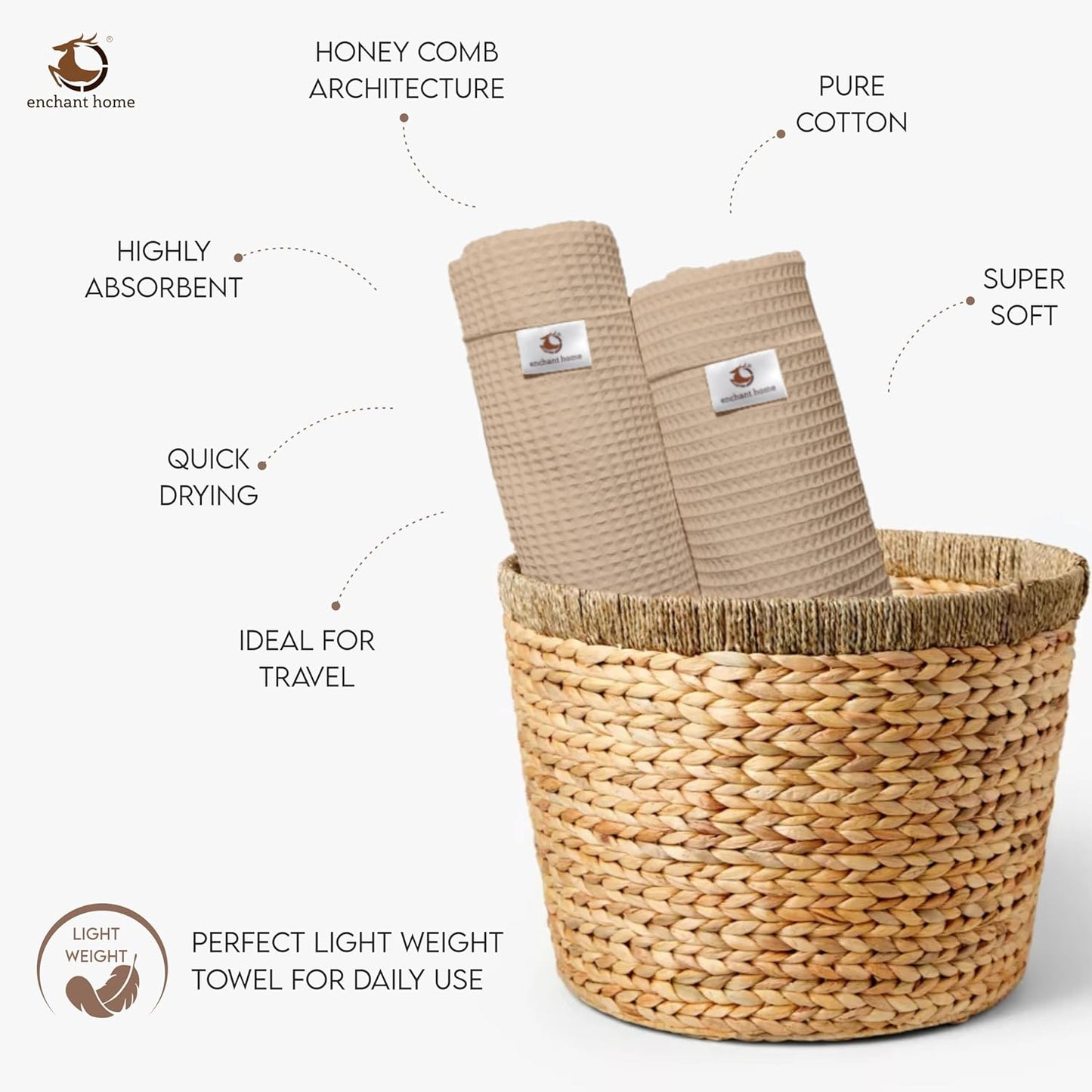 Pure Cotton Waffle Bath Towel - Beige