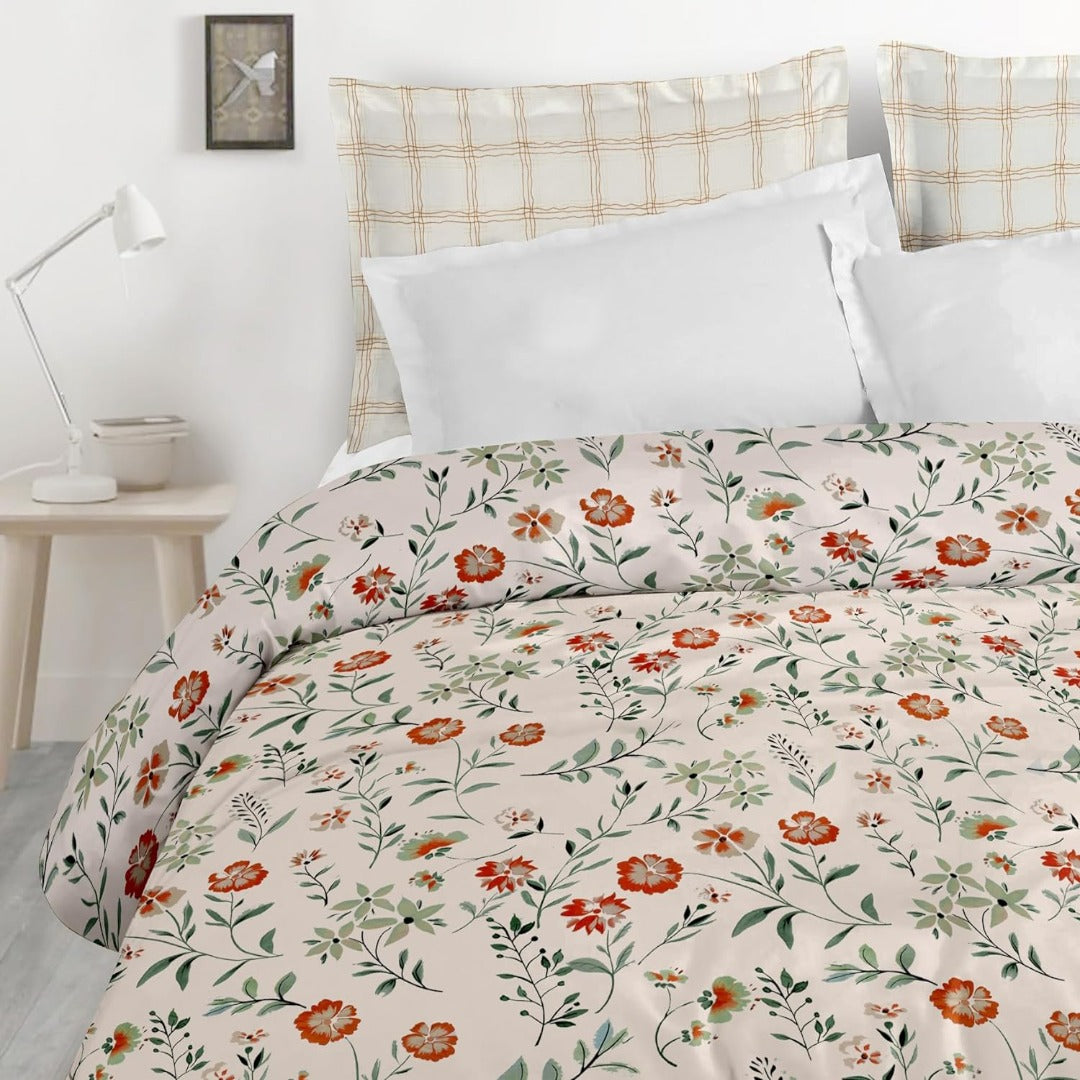 Blossom Glace Cotton Printed Double Bedsheet - Cream