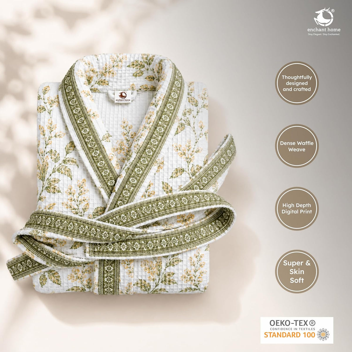 Premium Print Cotton Rich Waffle Robe for Men & Women - Sage Botanical