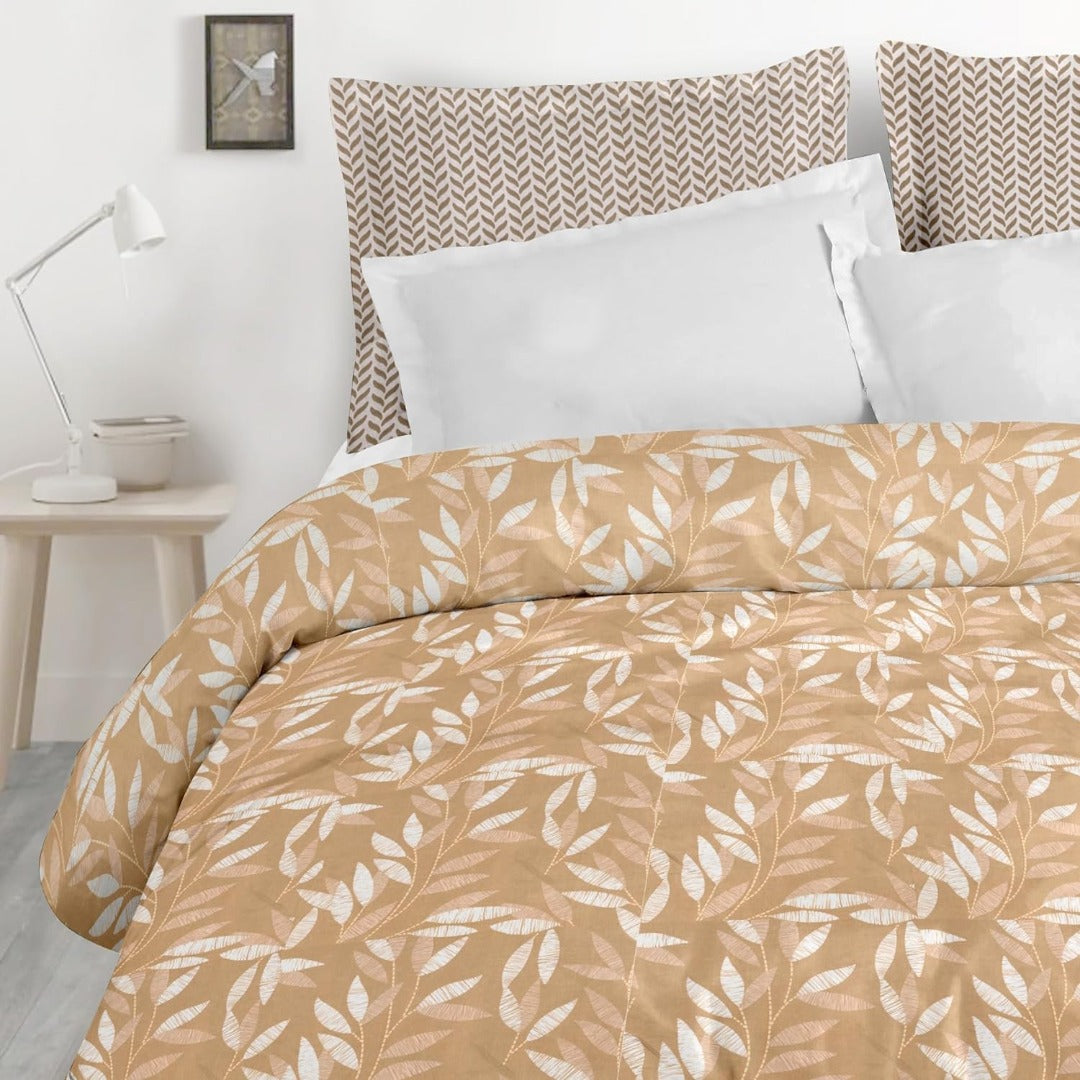 Khaki leaves glace cotton double bedsheet with 2 pillow covers – view 2