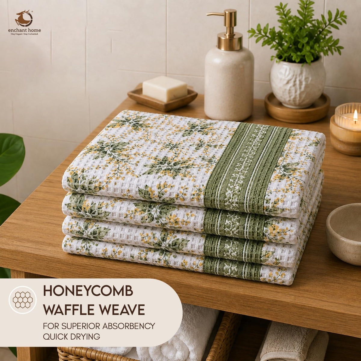 Pure Cotton Printed Waffle Hand Towel - Sage Botanical