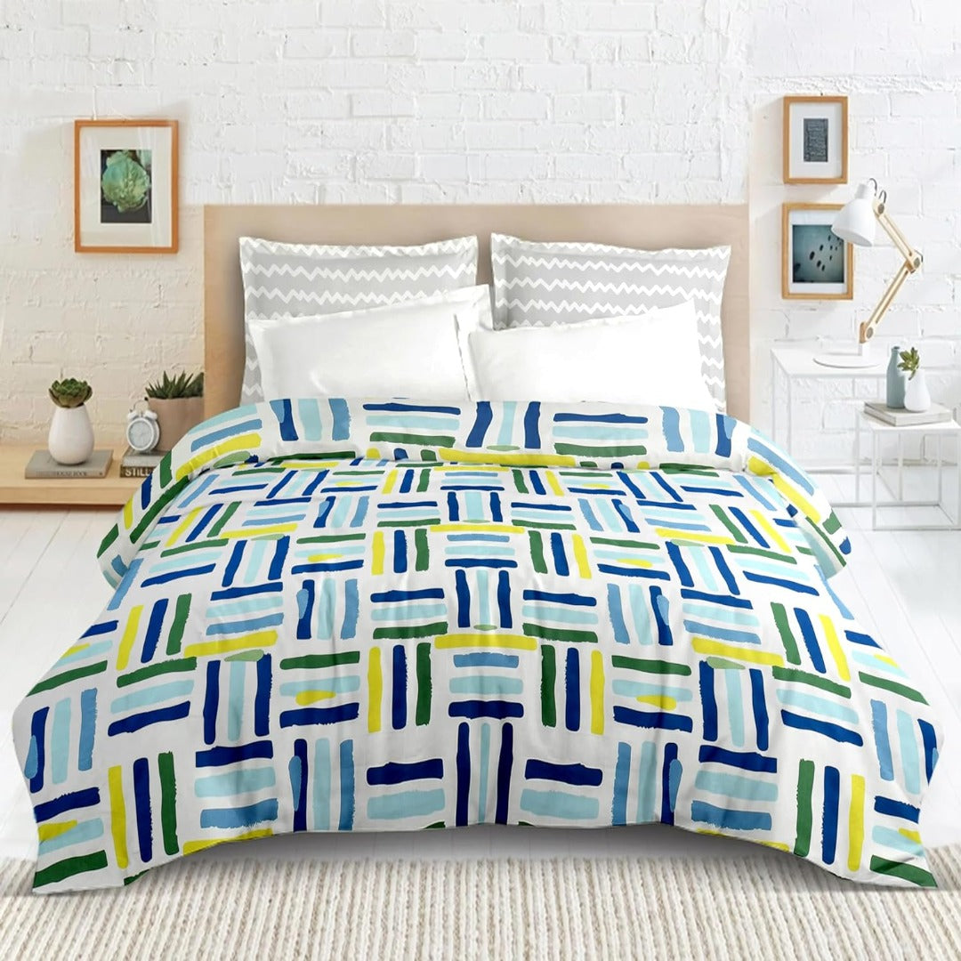 Blossom glace cotton printed double bedsheet in green blue geometric print