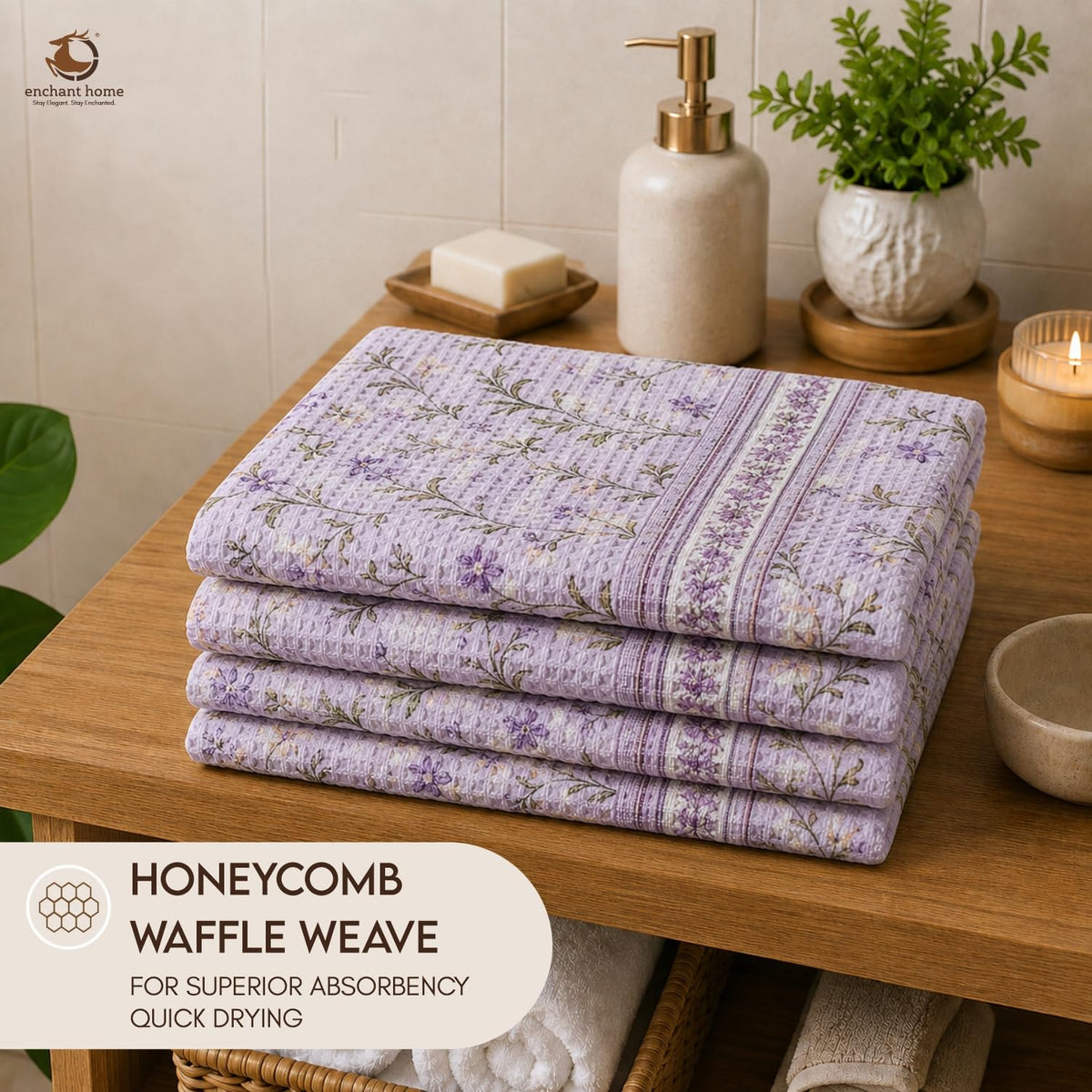 Pure Cotton Printed Waffle Hand Towel - Lilac Bloom