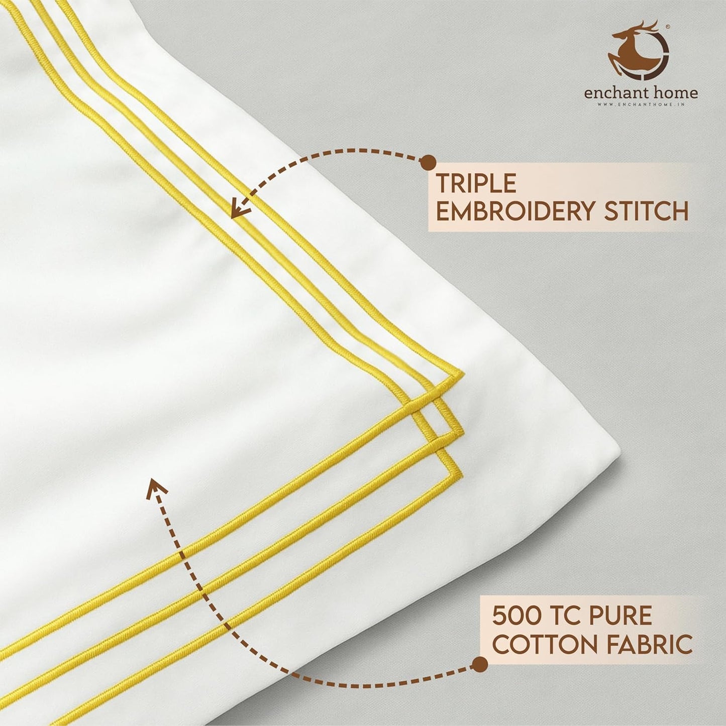 Pure Cotton 500 TC Premium Pillow Cover Set - White Triple Golden