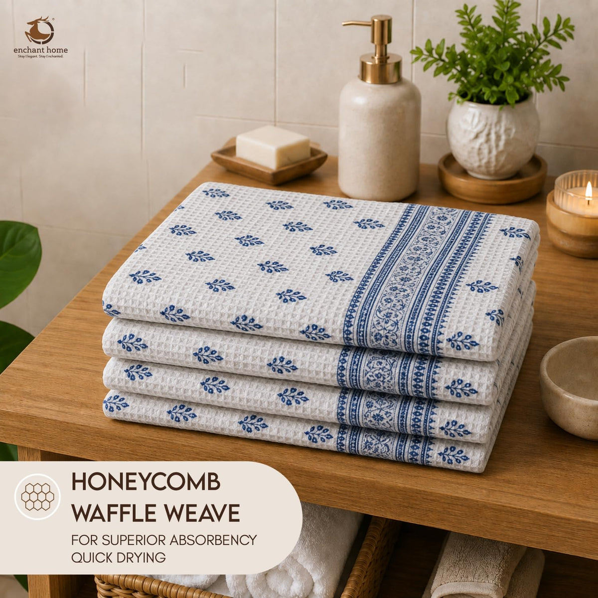 Pure Cotton Printed Waffle Hand Towel - Indigo Buti