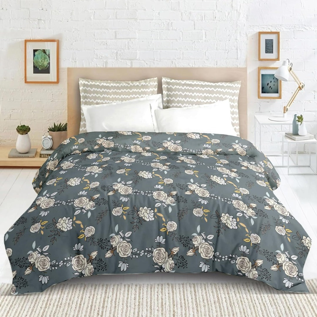 Blossom glace cotton printed double bedsheet in grey geometric print