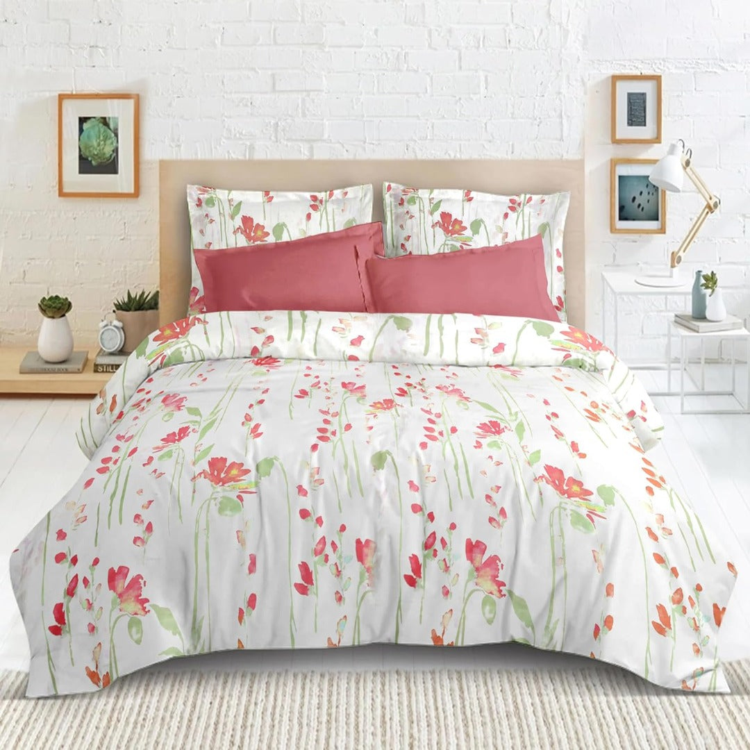 Satin Glory pure cotton double bedsheet in pastel red print