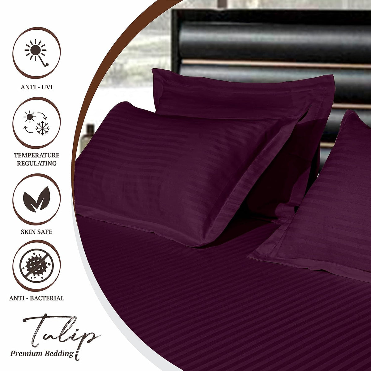 Pure Cotton Pillow Covers with Satin Stripe - Wine