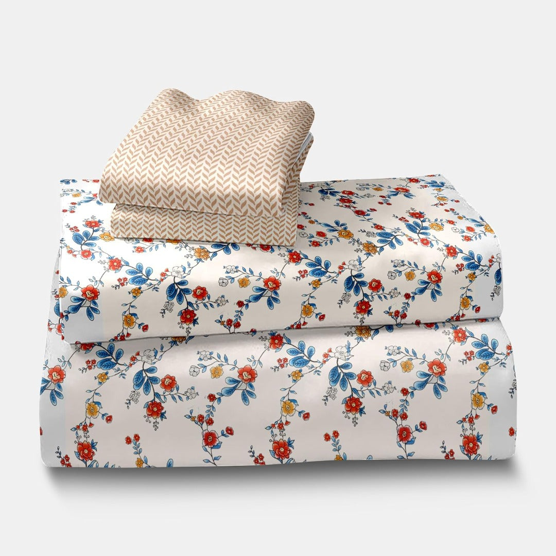 Customizable Blossom Glace Cotton Printed Bedsheet - Floral Cream