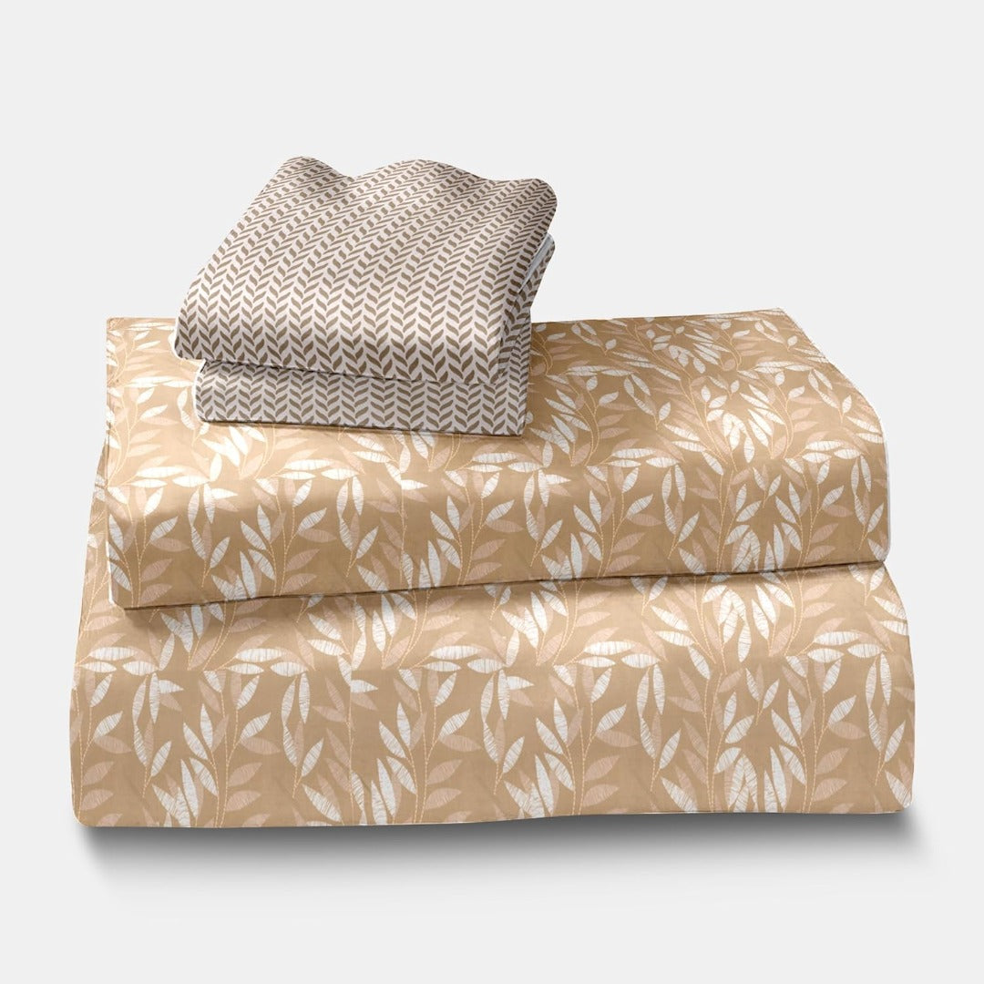 Khaki leaves glace cotton bedsheet print close-up