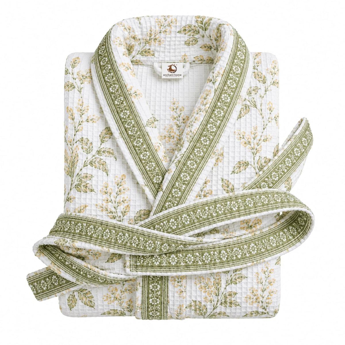 Premium print cotton rich waffle robe in sage botanical print