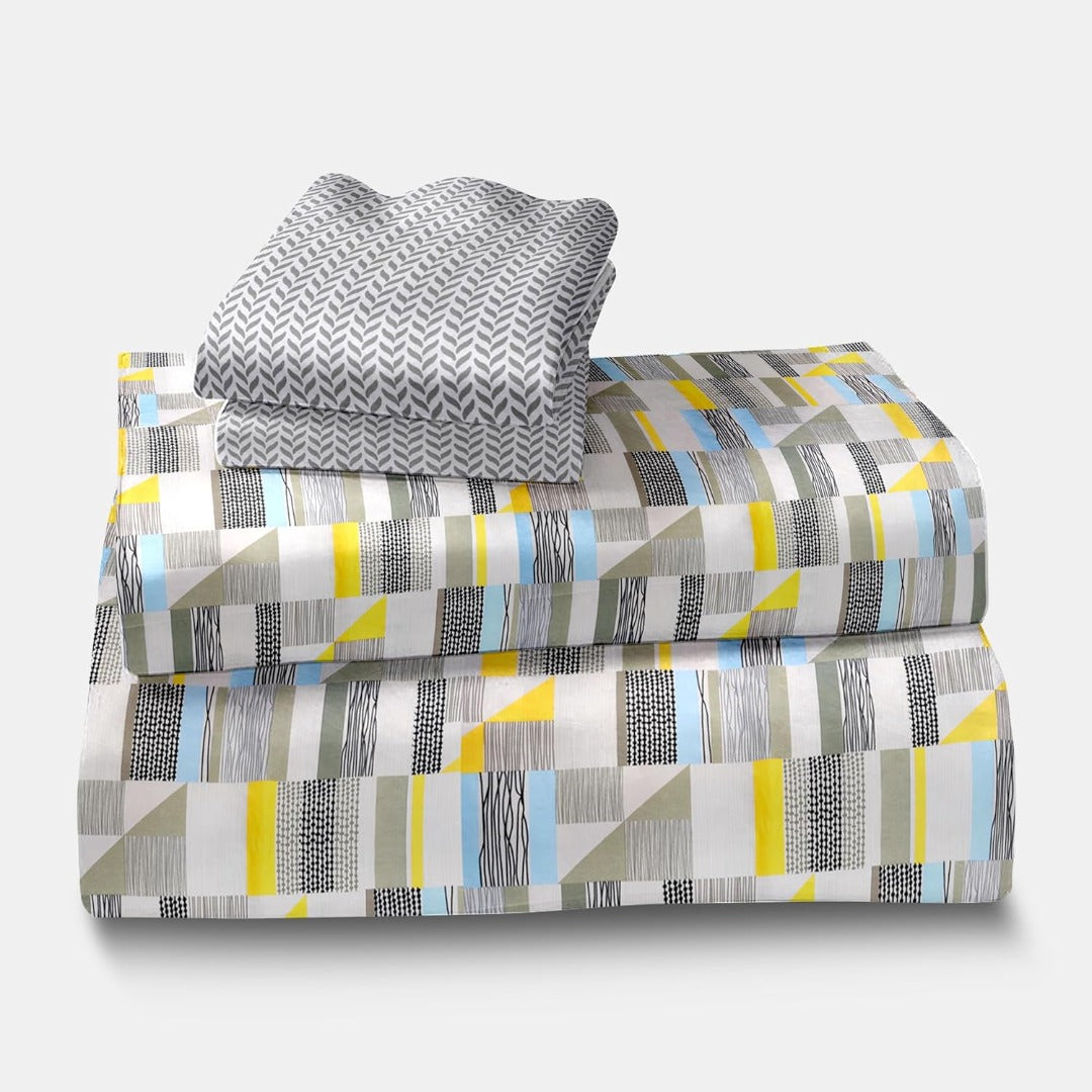 Blossom Glace Cotton Printed Double Bedsheet - Grey Geometric