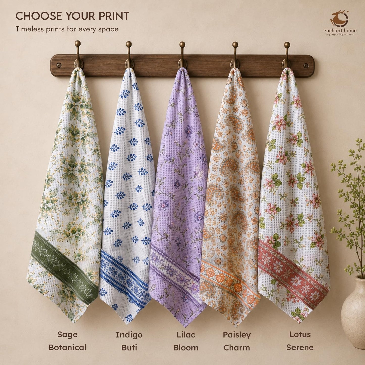 Pure Cotton Printed Waffle Bath Towel - Sage Botanical