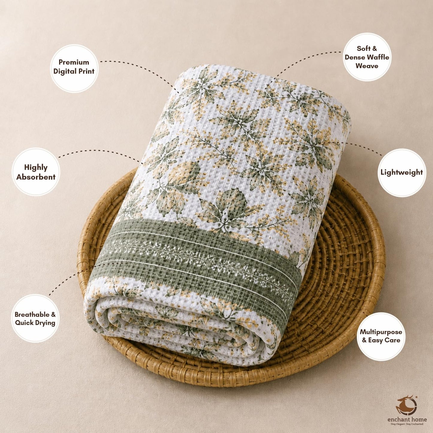 Pure Cotton Printed Waffle Bath Towel - Sage Botanical