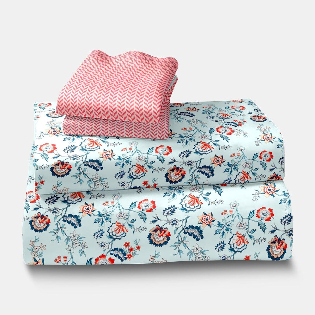 Customizable Blossom Glace Cotton Printed Bedsheet - Blue