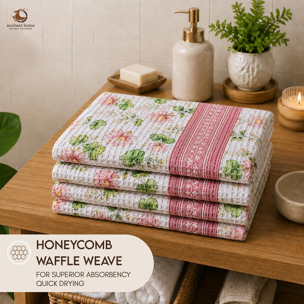 Pure Cotton Printed Waffle Hand Towel - Lotus Serene
