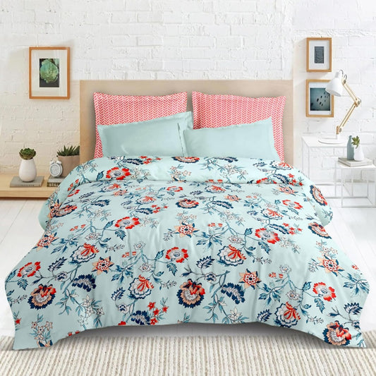 Blossom Glace Cotton Printed Double Bedsheet - Blue