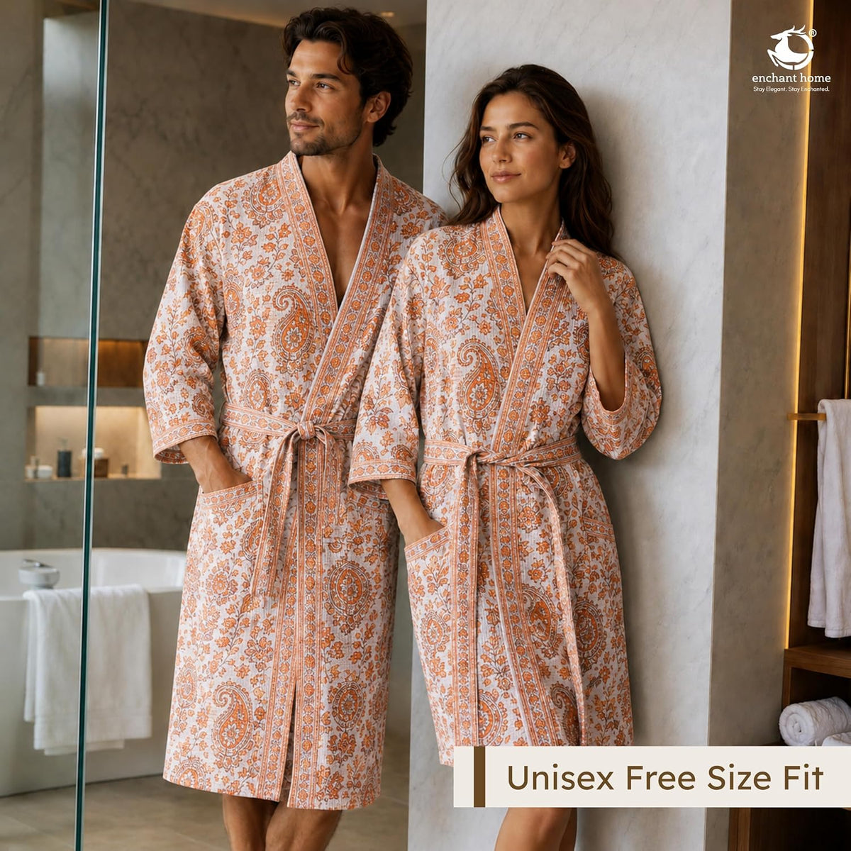 Premium Print Cotton Rich Waffle Robe for Men & Women - Paisley Charm